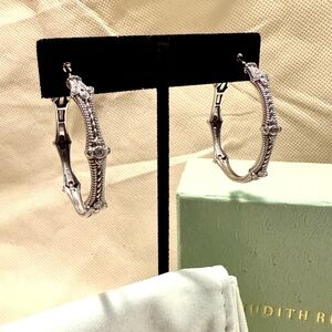 Judith Ripka 925 Sterling Silver Textured Diamond Hoop Earrings Flower 1.5" Wide